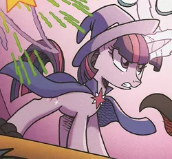 Size: 558x515 | Tagged: safe, derpibooru import, idw, twilight sparkle, pony, unicorn, spoiler:comic, spoiler:comicnightmareknights03, alternate universe, cape, clothes, cropped, female, hat, mare, official comic, solo, the great and powerful twily, unicorn twilight, wizard hat