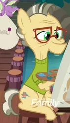 Size: 450x785 | Tagged: safe, derpibooru import, screencap, spike, unnamed character, unnamed pony, dragon, earth pony, pony, the point of no return, background pony, clothes, cropped, discovery family logo, elderly, glasses, male, sitting, solo focus, stallion, sweater, winged spike