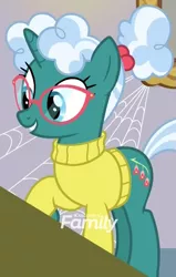 Size: 555x875 | Tagged: safe, derpibooru import, screencap, bellflower blurb, pony, unicorn, the point of no return, clothes, discovery family logo, female, glasses, mare, ponytail, solo, sweater