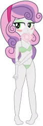 Size: 1024x2997 | Tagged: suggestive, artist:apony4u, derpibooru import, edit, sweetie belle, equestria girls, belly button, blushing, bra, breasts, clothes, condom, condom in mouth, female, implied lolicon, jailbait, mouth hold, panties, show accurate, simple background, solo, thong, transparent background, underwear, underwear edit