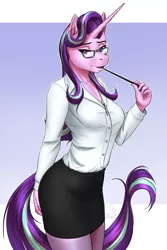 Size: 4000x6000 | Tagged: safe, alternate version, artist:mykegreywolf, derpibooru import, starlight glimmer, anthro, unicorn, absurd resolution, breasts, busty starlight glimmer, clothes, female, glasses, horn, lidded eyes, long horn, looking at you, mare, miniskirt, open mouth, pantyhose, reading glasses, sexy, shirt, signature, skirt, solo, stupid sexy starlight glimmer, teacher, tube skirt, white shirt