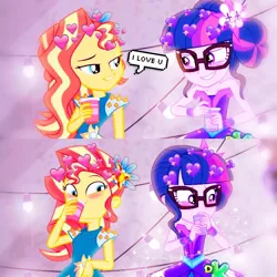 Size: 1280x1280 | Tagged: safe, derpibooru import, edit, edited screencap, screencap, sci-twi, sunset shimmer, twilight sparkle, equestria girls, legend of everfree, crystal gala, female, lesbian, scitwishimmer, shipping, sunsetsparkle