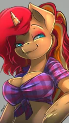 Size: 1080x1920 | Tagged: suggestive, artist:noben, derpibooru import, oc, oc:summer solstice, unofficial characters only, anthro, unicorn, anthro oc, bedroom eyes, breasts, cleavage, clothes, exposed belly, female, front knot midriff, horn, looking at you, magical lesbian spawn, mare, midriff, offspring, parent:adagio dazzle, parent:sunset shimmer, parents:sunsagio, plaid, plaid shirt, shirt, simple background, solo, solo female, unicorn oc