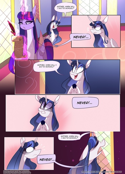 Size: 3500x4900 | Tagged: safe, artist:iheyyasyfox, derpibooru import, twilight sparkle, twilight sparkle (alicorn), oc, oc:stella alba nyx, alicorn, pony, comic:first day of school, comic, female, magic, mare, offspring, parent:flash sentry, parent:twilight sparkle, parents:flashlight, scroll