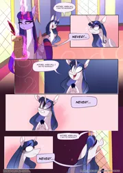 Size: 3500x4900 | Tagged: safe, artist:iheyyasyfox, derpibooru import, twilight sparkle, twilight sparkle (alicorn), oc, oc:stella alba nyx, alicorn, pony, comic:first day of school, comic, female, magic, mare, offspring, parent:flash sentry, parent:twilight sparkle, parents:flashlight, scroll