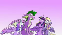 Size: 1024x576 | Tagged: safe, artist:numbuh-27, derpibooru import, derpy hooves, princess flurry heart, spike, twilight sparkle, twilight sparkle (alicorn), alicorn, dragon, pegasus, pony, chest fluff, female, filly, flurryspike, glasses, gradient background, introduction, lesbian, male, mare, shipping, sitting, straight, twerpy