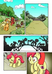Size: 1201x1700 | Tagged: safe, artist:tarkron, derpibooru import, apple bloom, applejack, big macintosh, winona, dog, earth pony, pony, comic:ghosts of the past, apple siblings, apple sisters, bridge, brother and sister, carrying, comic, countryside, female, filly, male, mare, no dialogue, siblings, silhouette, sisters, stallion, sweat, sweatdrop, tired