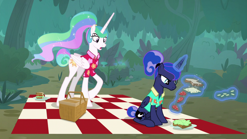 Size: 1920x1080 | Tagged: safe, derpibooru import, screencap, princess celestia, princess luna, alicorn, pony, between dark and dawn, alternate hairstyle, angry, argument, barehoof, basket, bickering, bickering sisters, celestia is not amused, cheese, clothes, cucumber, duo, ethereal mane, female, flowing mane, folded wings, food, forest, glare, glowing horn, hair bun, hawaiian shirt, horn, lettuce, luna is not amused, lunch, magic, magic aura, mare, multicolored mane, pickle, picnic, picnic basket, picnic blanket, pouting, raised hoof, royal sisters, sandwich, shirt, sibling rivalry, siblings, sisters, sitting, tail bun, telekinesis, tomato, unamused, vacation, wall of tags, wings