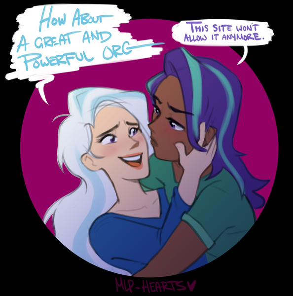 Size: 1280x1292 | Tagged: suggestive, artist:mlp-hearts, derpibooru import, starlight glimmer, trixie, human, blackwashing, blushing, dark skin, dialogue, female, fourth wall, great and powerful, humanized, image, implied orgy, implied sex, implied tumblr, lesbian, light skin, looking at each other, png, shipping, startrix, tumblr 2018 nsfw purge