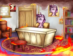 Size: 2000x1540 | Tagged: safe, artist:brother-lionheart, derpibooru import, princess celestia, starlight glimmer, sunburst, pony, unicorn, couch, desk, employee of the month, female, fire, guidance counselor, hope poster, implied shipping, implied starburst, implied straight, kiss mark, lipstick, mare, obey, propaganda poster, shepard fairey, sitting, smiling, solo, starlight's office, this is fine