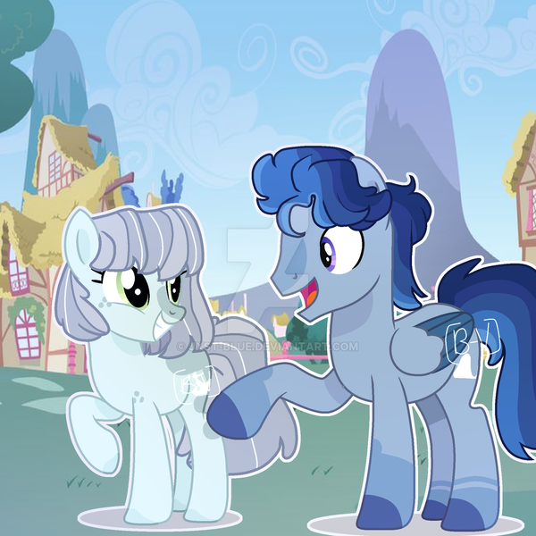 Size: 1024x1024 | Tagged: safe, artist:blue-versper, artist:jxst-blue, derpibooru import, oc, oc:comet storm, oc:jennie cameron, unofficial characters only, earth pony, pegasus, pony, deviantart watermark, duo, female, male, mare, obtrusive watermark, offspring, parent:double diamond, parent:limestone pie, parent:night glider, parent:party favor, parents:limediamond, parents:partyglider, stallion, watermark