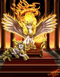 Size: 2153x2786 | Tagged: safe, artist:amalgamzaku, derpibooru import, daybreaker, oc, oc:solus, alicorn, pony, alicorn oc, duo, fanfic art, horn, wings