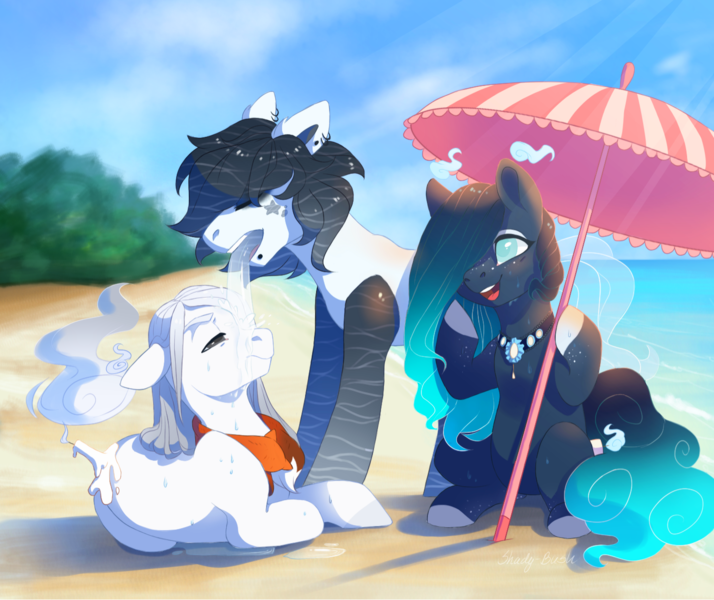 Size: 1430x1201 | Tagged: safe, artist:shady-bush, derpibooru import, oc, oc:blind ink, oc:misbeliever, oc:upcoming rain, unofficial characters only, original species, pony, scented pony, beach, beach umbrella, female, male, mare, not luna, prone, stallion, wet, wet mane