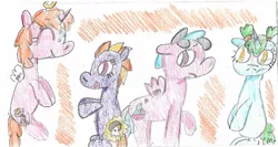 Size: 1550x824 | Tagged: safe, artist:ptitemouette, derpibooru import, oc, oc:eclipse, oc:love potion, oc:moon dragon, oc:orange blossom, unofficial characters only, earth pony, ghost, pegasus, pony, undead, unicorn, brother and sister, cutiespark, female, grandmother and grandchild, male, parent:oc:ballon frost cake, parent:oc:snowdrop, parents:oc x oc, siblings, traditional art