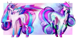 Size: 1024x511 | Tagged: safe, artist:oneiria-fylakas, derpibooru import, princess flurry heart, oc, oc:shiny heart, unofficial characters only, pony, unicorn, colored wings, female, mare, multicolored wings, older, rainbow power, wings