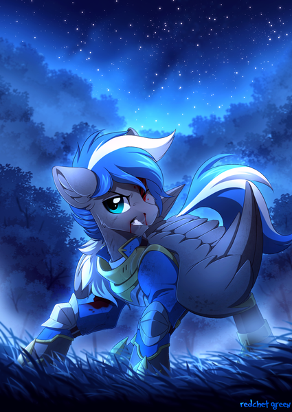 Size: 1300x1836 | Tagged: safe, artist:redchetgreen, derpibooru import, oc, oc:cloud zapper, pegasus, pony, armor, blood, injured, male, night, nosebleed, scenery, solo, stars