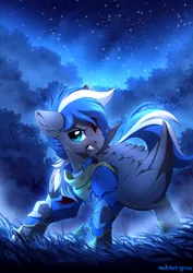 Size: 1300x1836 | Tagged: safe, artist:redchetgreen, derpibooru import, oc, oc:cloud zapper, pegasus, pony, armor, blood, injured, male, night, nosebleed, scenery, solo, stars