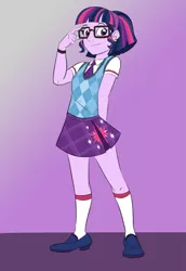 Size: 1029x1500 | Tagged: safe, artist:stratus35, derpibooru import, sci-twi, twilight sparkle, equestria girls, adorkable, alternate hairstyle, argyle, clothes, cute, cutie mark clothes, dork, female, glasses, hime, school uniform, shoes, short hair, skirt, socks, solo, twiabetes, uniform