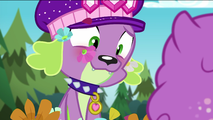 Size: 715x404 | Tagged: safe, derpibooru import, screencap, princess thunder guts, spike, spike the regular dog, dog, equestria girls, equestria girls series, lost and pound, spoiler:choose your own ending (season 2), spoiler:eqg series (season 2), blushing, female, lost and pound: spike, male, offscreen character, sky, smiling, spike's dog collar, spike's festival hat