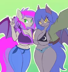 Size: 1908x2004 | Tagged: suggestive, artist:funble, derpibooru import, oc, oc:racket rhine, oc:windseeker, anthro, bat pony, absolute cleavage, anthro oc, bat pony oc, bat wings, big breasts, boob squish, breasts, cleavage, clothes, commission, duo, duo female, female, hot pants, huge breasts, jacket, needs more saturation, peace sign, selfie, swimsuit, unbuttoned, underboob, wings