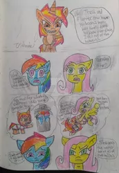 Size: 742x1077 | Tagged: safe, artist:tobiisabunny, derpibooru import, fluttershy, rainbow dash, oc, oc:daybreak flare, pony, bully, bullying, glare, jerk, rainbow trash, scared, shocked, traditional art