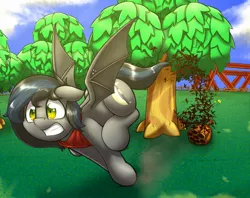 Size: 1280x1012 | Tagged: safe, artist:otakuap, derpibooru import, oc, oc:notde, unofficial characters only, bat pony, bee, insect, pony, animal crossing, bat pony oc, bat wings, beehive, hive, not the bees, running, solo, tree, wings