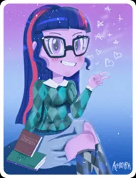 Size: 696x913 | Tagged: safe, alternate version, artist:artmlpk, derpibooru import, sci-twi, twilight sparkle, equestria girls, big smile, blushing, book, chic, clothes, cute, female, looking at you, nerd, nerdy, noise, old school, old timey, older, peace sign, smiley face, socks, solo, twiabetes, uniform