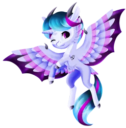 Size: 1600x1618 | Tagged: safe, artist:oneiria-fylakas, derpibooru import, oc, oc:dayadan, unofficial characters only, alicorn, pony, chibi, horns, male, one eye closed, simple background, solo, transparent background, wink