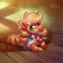 Size: 2067x2072 | Tagged: safe, artist:holivi, derpibooru import, applejack, anthro, earth pony, unguligrade anthro, apple, bloomers, clothes, cute, dress, female, filly applejack, foal, food, freckles, frog (hoof), holivi is trying to murder us, image, jackabetes, jpeg, looking at you, pigtails, smol, solo, sweet dreams fuel, underhoof, weapons-grade cute, younger