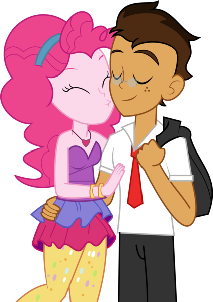 Size: 4525x6412 | Tagged: safe, artist:digimonlover101, derpibooru import, pinkie pie, oc, oc:copper plume, equestria girls, absurd resolution, base used, canon x oc, clothes, commission, commissioner:imperfectxiii, copperpie, duo, female, freckles, glasses, imminent kissing, kiss on the cheek, kissing, male, pants, shipping, straight