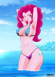 Size: 1024x1448 | Tagged: suggestive, artist:tittoons, derpibooru import, pinkie pie, equestria girls, absolute cleavage, arm behind head, armpits, bikini, blushing, breasts, busty pinkie pie, cleavage, clothes, commission, cutie mark on human, deviantart watermark, female, image, looking at you, obtrusive watermark, panties, png, solo, solo female, summer, swimsuit, thong, tongue out, underwear, water, watermark