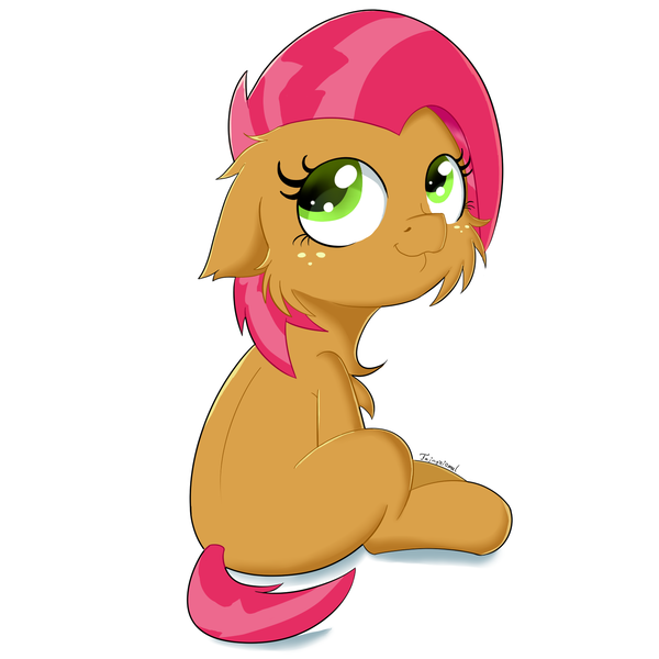 Size: 1500x1500 | Tagged: safe, artist:fajnyziomal, derpibooru import, babs seed, earth pony, pony, adorababs, cheek fluff, chest fluff, cute, ear fluff, female, filly, floppy ears, simple background, sitting, solo, white background