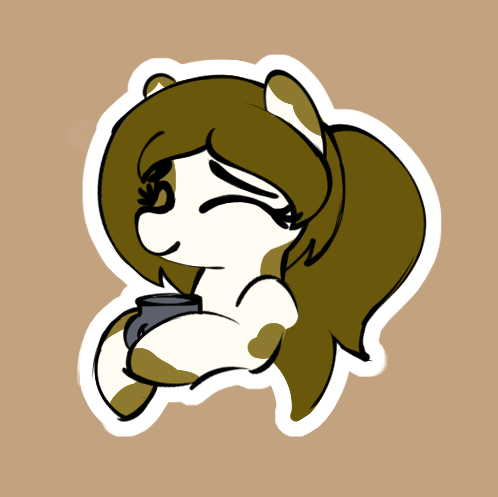 Size: 498x497 | Tagged: artist needed, safe, derpibooru import, oc, oc:caramel macchiato, pony, coffee mug, eyes closed, female, mug, pinto, ponytail, solo