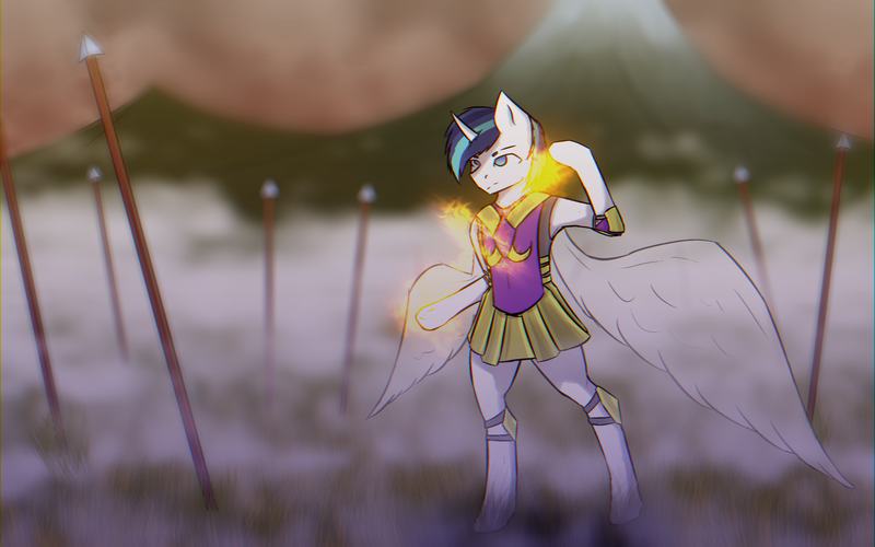 Size: 3200x2000 | Tagged: anthro, armor, armor skirt, armpits, artist:al1-ce, battlefield, clothes, commission, derpibooru import, magic, safe, shining armor, skirt, solo, spear, standing, weapon, your character here