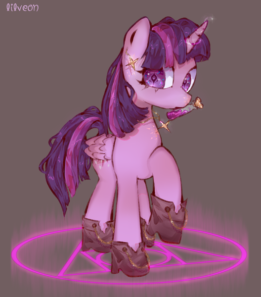 Size: 2023x2299 | Tagged: safe, artist:lilveon, derpibooru import, twilight sparkle, twilight sparkle (alicorn), alicorn, pony, alchemy, alternate universe, boots, clothes, female, folded wings, glowing horn, horn, jewelry, magic, magic circle, mare, mouth hold, shoes, simple background, solo, wings