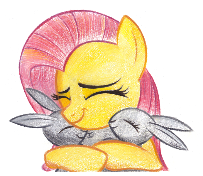 Size: 2804x2430 | Tagged: safe, artist:flutterstormreturns, derpibooru import, fluttershy, pegasus, pony, rabbit, teacher of the month (episode), spoiler:interseason shorts, animal, cute, eyes closed, female, hug, mare, shyabetes, simple background, traditional art, white background