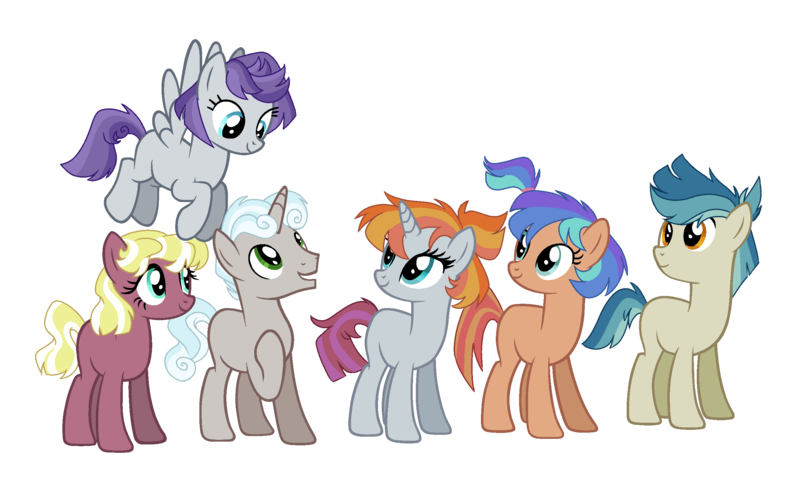 Size: 2580x1552 | Tagged: safe, artist:spectrumnightyt, derpibooru import, oc, unofficial characters only, earth pony, pegasus, pony, unicorn, base used, female, magical lesbian spawn, male, mare, offspring, parent:flim, parent:maud pie, parent:rolling thunder, parent:snips, parent:toola roola, parents:flimaud, parents:rollingflim, parents:rollingmaud, parents:toolasnips, simple background, stallion, transparent background