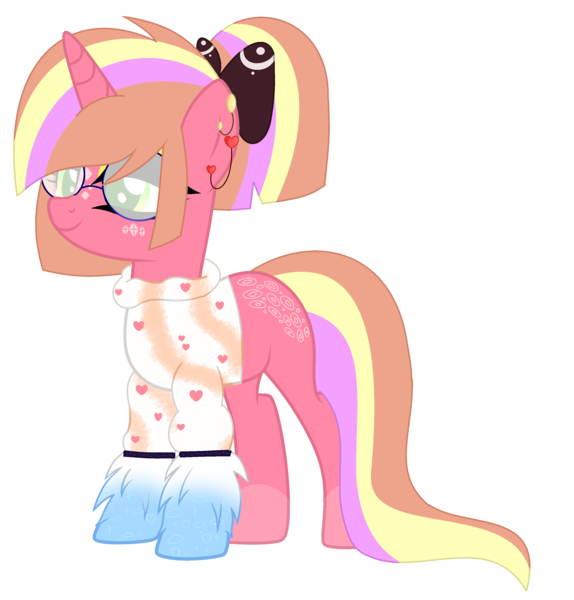 Size: 2878x3008 | Tagged: safe, artist:celestial-rue0w0, artist:lazuli, derpibooru import, oc, oc:pink prada, unofficial characters only, pony, unicorn, base used, bow, clothes, commission, ear piercing, earring, eyeshadow, female, glasses, hair bow, jewelry, makeup, mare, markings, piercing, simple background, solo, sweater, transparent background