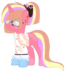 Size: 2878x3008 | Tagged: safe, artist:celestial-rue0w0, artist:lazuli, derpibooru import, oc, oc:pink prada, unofficial characters only, pony, unicorn, base used, bow, clothes, commission, ear piercing, earring, eyeshadow, female, glasses, hair bow, jewelry, makeup, mare, markings, piercing, simple background, solo, sweater, transparent background