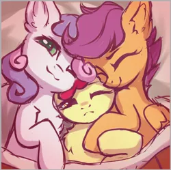 Size: 760x758 | Tagged: safe, artist:inowiseei, derpibooru import, apple bloom, scootaloo, sweetie belle, earth pony, pegasus, pony, unicorn, adorabloom, bed, chest fluff, cuddling, cute, cutealoo, cutie mark crusaders, daaaaaaaaaaaw, diasweetes, female, filly, hnnng, inowiseei is trying to murder us, lidded eyes, looking at you, lying, one eye closed, precious, sleepy, smiling, sweet dreams fuel, weapons-grade cute