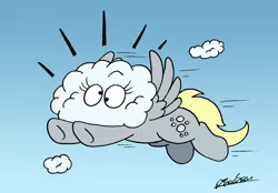 Size: 4790x3343 | Tagged: safe, artist:bobthedalek, derpibooru import, derpy hooves, pegasus, pony, atg 2019, cloud, cute, derpabetes, female, flying, head in the clouds, mare, newbie artist training grounds, sky, solo, startled