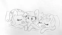 Size: 1824x1044 | Tagged: safe, artist:tjpones, derpibooru import, starlight glimmer, trixie, twilight sparkle, pony, bed, blanket, drool, implied group sex, implied sex, implied threesome, implied twistartrix, morning after, pillow, sleeping, sleeping cap