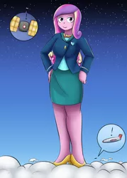 Size: 940x1310 | Tagged: safe, artist:dinobirdofdoom, derpibooru import, princess cadance, equestria girls, atmosphere, clothes, commission, dean cadance, female, giantess, high heels, macro, plane, satellite, shoes, skirt, solo, space