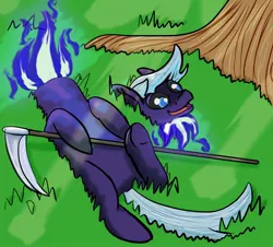 Size: 1600x1444 | Tagged: safe, artist:lizardwithhat, derpibooru import, oc, ponified, unofficial characters only, dullahan, pony, atg 2019, disembodied head, fire, headless, magic, modular, newbie artist training grounds, scythe, solo