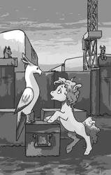 Size: 672x1056 | Tagged: safe, artist:adeptus-monitus, derpibooru import, oc, oc:pyrelight, oc:silver bell, unofficial characters only, balefire phoenix, earth pony, phoenix, pony, unicorn, fallout equestria, fallout equestria illustrated, black and white, cloud, cloudy, duo focus, fanfic art, female, filly, foal, grayscale, hooves, horn, monochrome, new appleloosa, open mouth