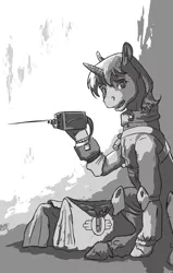 Size: 508x800 | Tagged: safe, artist:adeptus-monitus, derpibooru import, oc, oc:littlepip, unofficial characters only, pony, unicorn, fallout equestria, fallout equestria illustrated, fanfic, bag, black and white, clothes, fanfic art, female, grayscale, hooves, horn, mare, monochrome, open mouth, pipbuck, saddle bag, sitting, solo, vault suit