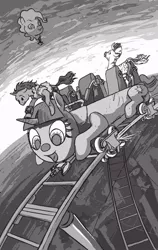 Size: 507x800 | Tagged: safe, artist:adeptus-monitus, derpibooru import, oc, oc:littlepip, oc:xenith, unofficial characters only, pony, unicorn, zebra, fallout equestria, fallout equestria illustrated, fanfic, black and white, cloud, cloudy, cutie mark, fanfic art, female, fillydelphia, grayscale, hooves, horn, mare, monochrome, pinkie pie balloons, pipbuck, roller coaster, rollercoaster, zebra oc