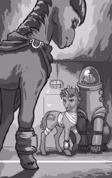Size: 507x800 | Tagged: safe, artist:adeptus-monitus, derpibooru import, oc, oc:littlepip, oc:red eye, unofficial characters only, cyborg, earth pony, pony, unicorn, fallout equestria, fallout equestria illustrated, fanfic, bandage, black and white, cape, clothes, cutie mark, cyber eyes, fanfic art, female, fillydelphia, grayscale, hooves, horn, male, mare, monochrome, open mouth, pipbuck, robobrain, stallion