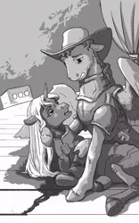Size: 499x800 | Tagged: safe, artist:adeptus-monitus, derpibooru import, oc, oc:calamity, oc:velvet remedy, unofficial characters only, pegasus, pony, unicorn, fallout equestria, fallout equestria illustrated, fanfic, black and white, blood, cowboy hat, dashite, fanfic art, female, floppy ears, grayscale, gritted teeth, hat, hooves, horn, lying down, male, mare, monochrome, open mouth, sitting, stable, stable 2, stage, stallion, wings
