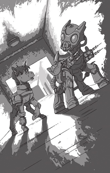 Size: 507x800 | Tagged: safe, artist:adeptus-monitus, derpibooru import, oc, oc:calamity, oc:littlepip, unofficial characters only, pegasus, pony, unicorn, fallout equestria, fallout equestria illustrated, fanfic, armor, battle saddle, black and white, clothes, dashite, duo, enclave armor, fanfic art, female, grayscale, gun, hooves, horn, magical energy weapon, male, mare, monochrome, old olneigh, open mouth, pipbuck, power armor, splendid valley, stallion, vault suit, weapon, wings